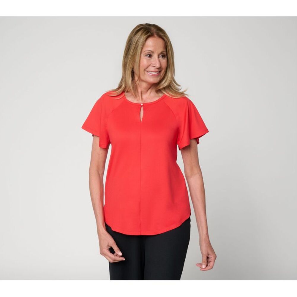 Cuddl Duds Women's Top Plus Sz 1X Flexwear Flutter Sleeve Keyhole Tee Red